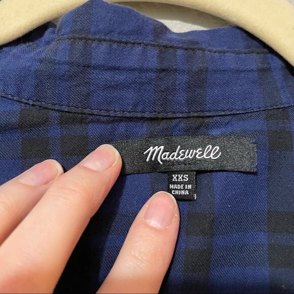Madewell Blue & Black Plaid Twist Front Button Down Shirt Womens XXS Casual - Picture 2 of 9